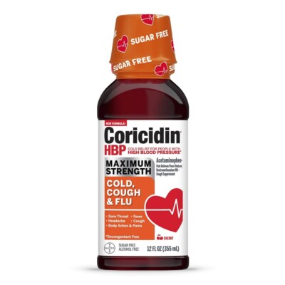 Coricidin HBP Cold, Cough & Flu Medicine, Sugar Free Day Liquid, Cherry, 12 fl