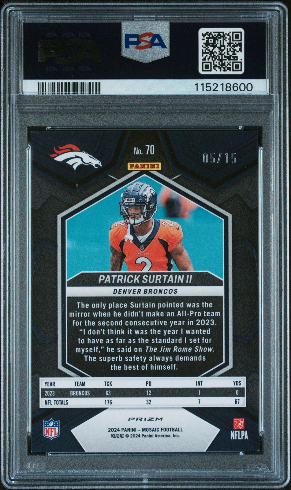 2024 PANINI MOSAIC #70 PATRICK SURTAIN II BLUE FLUORESCENT /15 PSA 9 view 2