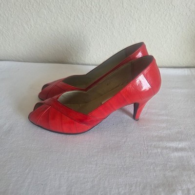 Leather of the Sea Red Eel Skin Peep Toe Pumps Vintage Heels Size 6.5