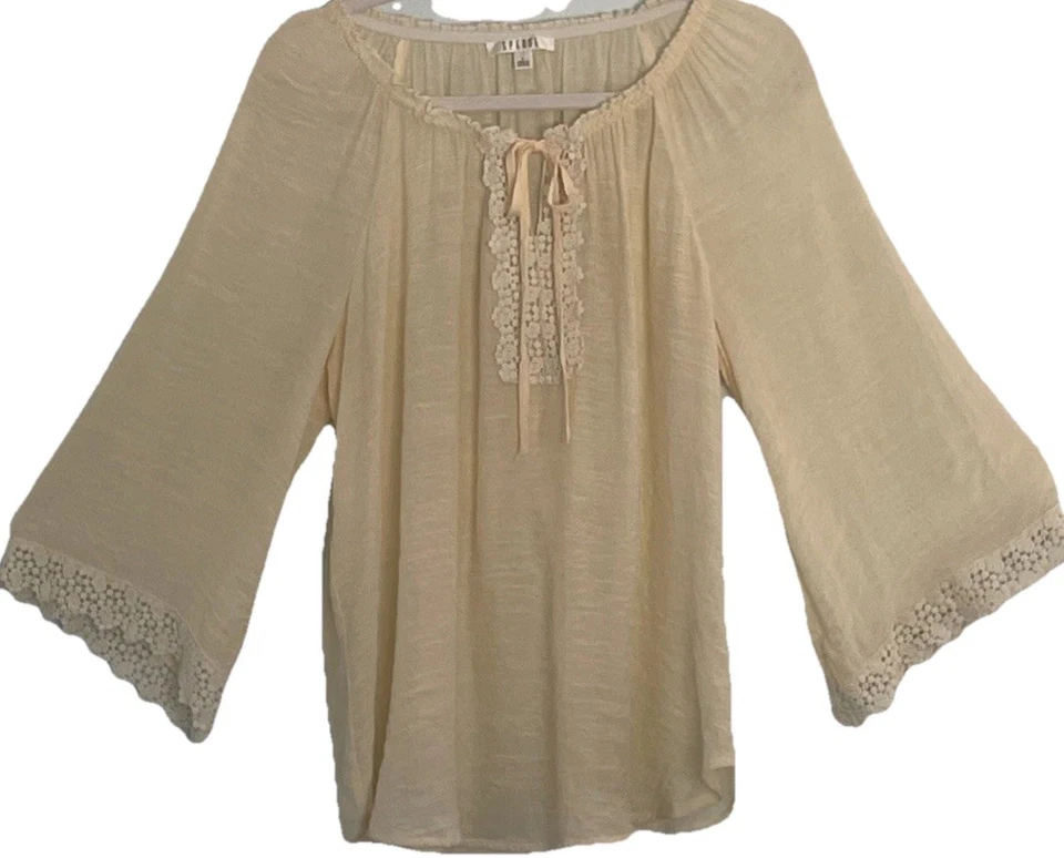 Sheer Peasant Top Ivory L Crochet Lace Bell Sleeves Cottage Hippie Boho Festival - Image 4 of 4