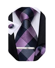 Plaid Ties for Men Silk Checkered Necktie and Pocket Square Purple and Navy