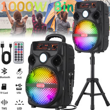 1000W Portable 8" Bluetooth Speaker with Tripod Stand Mic Remote LED Lights TWS