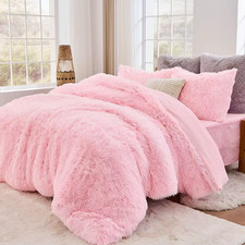 3Piece Fluffy Duvet Cover Queen, Ultra Soft Faux Fur and Velvet Pink Comforter C