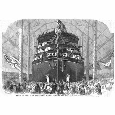 WOOLWICH DOCKYARD Launch of the 'Royal Albert' Bow View - Antique Print 1854