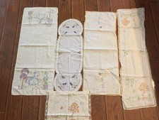 4 Vtg Table Runner Linens,Lace Edge,Embroidered Floral Design,Small Pillow Cover