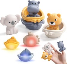 9PCS Toddler Light Up Bath Toys, Baby Bath Toys Float Boat Finger Puppets