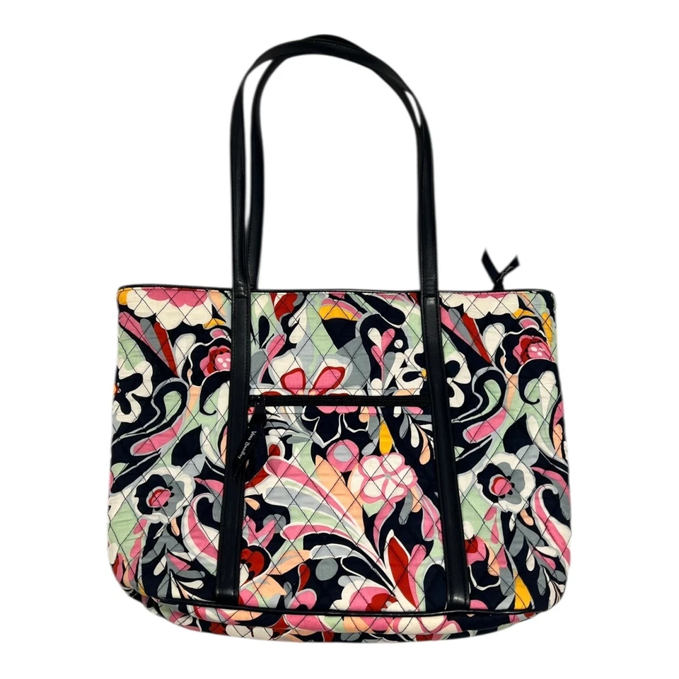Bolso de Mano Vera Bradley Floral Acolchado Cuero Negro Borde Bolso de Hombro Foto 3 de 4