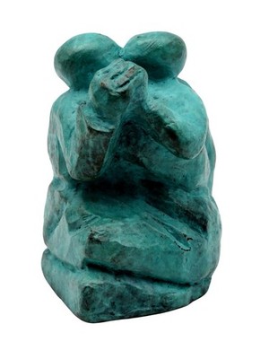 Signed J Strickler 2001 Abstract Bronze Seated Figure Sculpture Green Patina