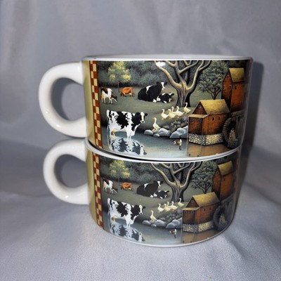 Vintage Lowell Herrero Soup Bowls w/Handle Farm Scene Mug Set of 2 Stackable