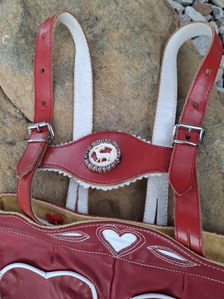 PANTALONES DE CUERO VINTAGE ALEMANES NIÑO PEQUEÑO ROJO Y BLANCO ¡¡¡MUY RAROS!!!!  Foto 4 de 4