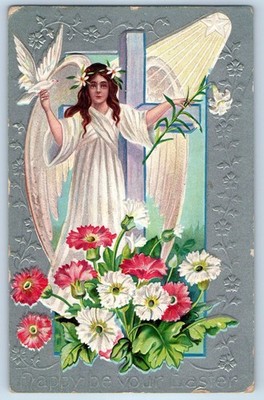 c1910's Easter Angel With Dove Flowers Holy Cross Winsch Back Embossed Postcard