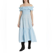 Ganni Seersucker Smocked Blue Maxi Dress