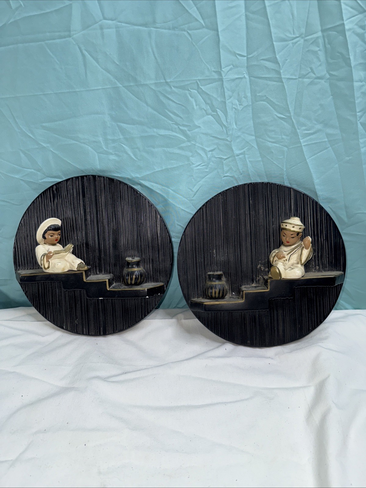 Vintage Oriental Plaster Black Chalkware Wall Hanging Plaques boy and girl, 9