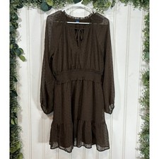Old Navy Brown Swiss Dot Chiffon Mini Dress Women's L Sheer Long Sleeve Boho