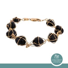 Black Onyx Bead Bracelet 14K Yellow Gold Wire Wrapped 9"