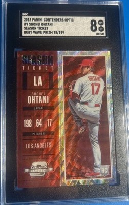 2018 Panini Contenders Shohei Ohtani Season Ticket Ruby Wave Prizm/199 SGC 8 NM