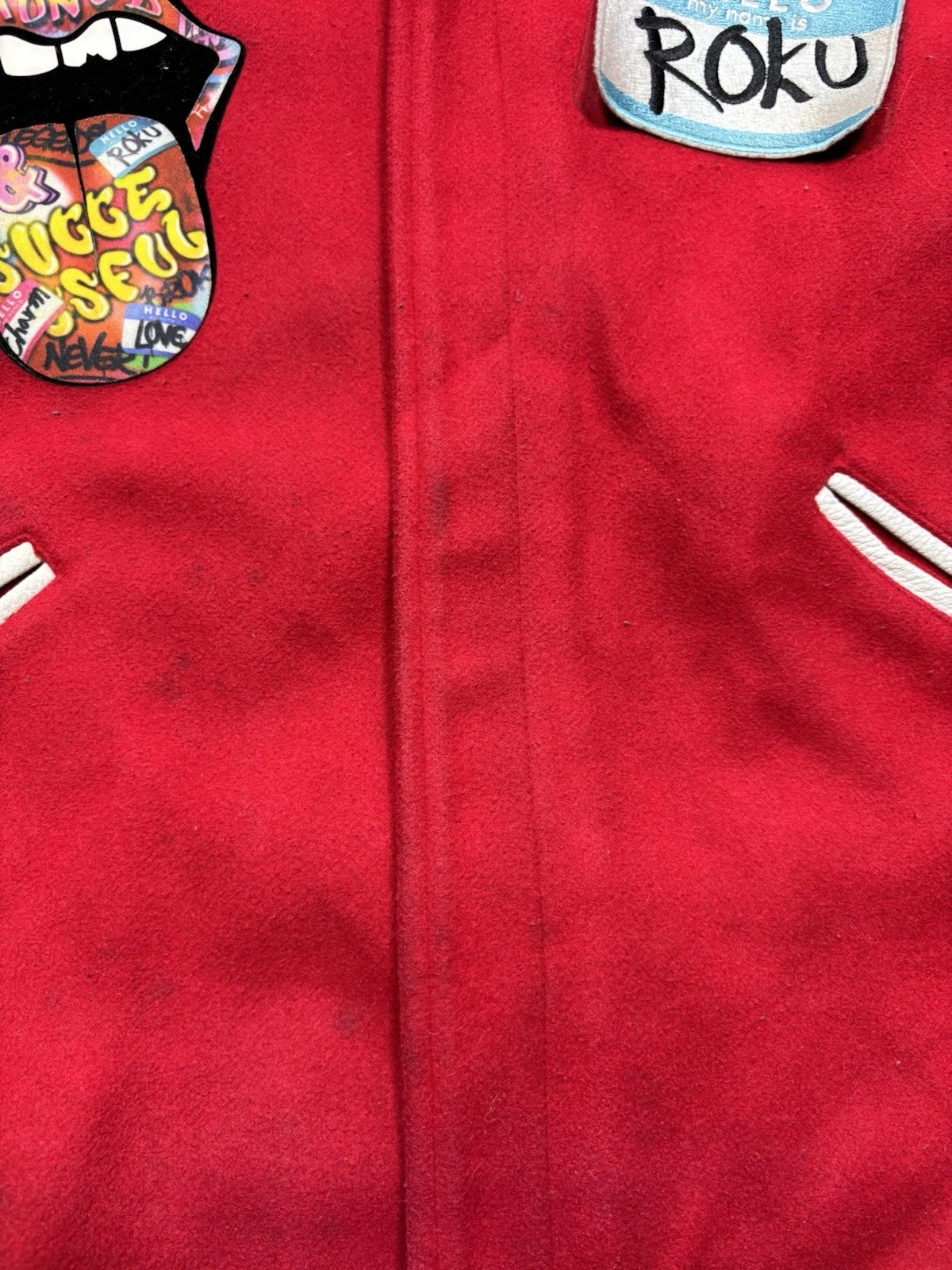 Roku Studio Stoned And Successful Varsity Jacket Red White Mouth Tongue Men’s S image 6