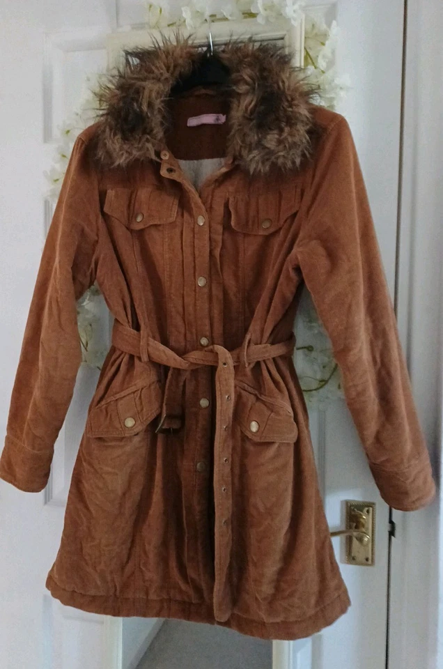Vintage Brown Y2K Cord Belted Coat Fur Removable Trim 12 14 - image 2 of 4