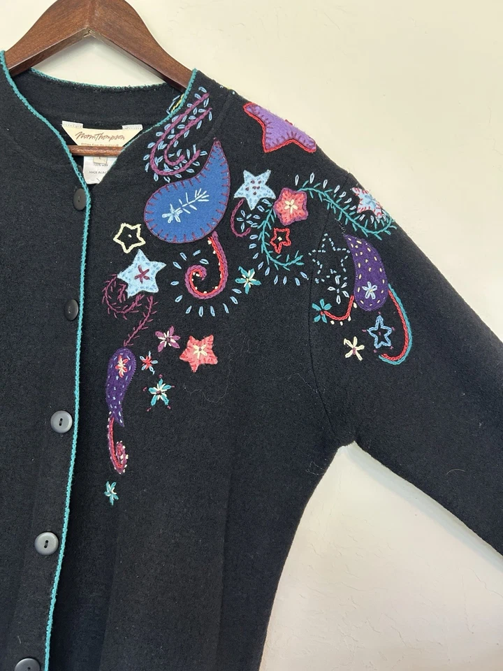 Vintage Norm Thompson Wool Cardigan Button Up L Embroidered Boho Grandma Cottage - Image 3 of 4
