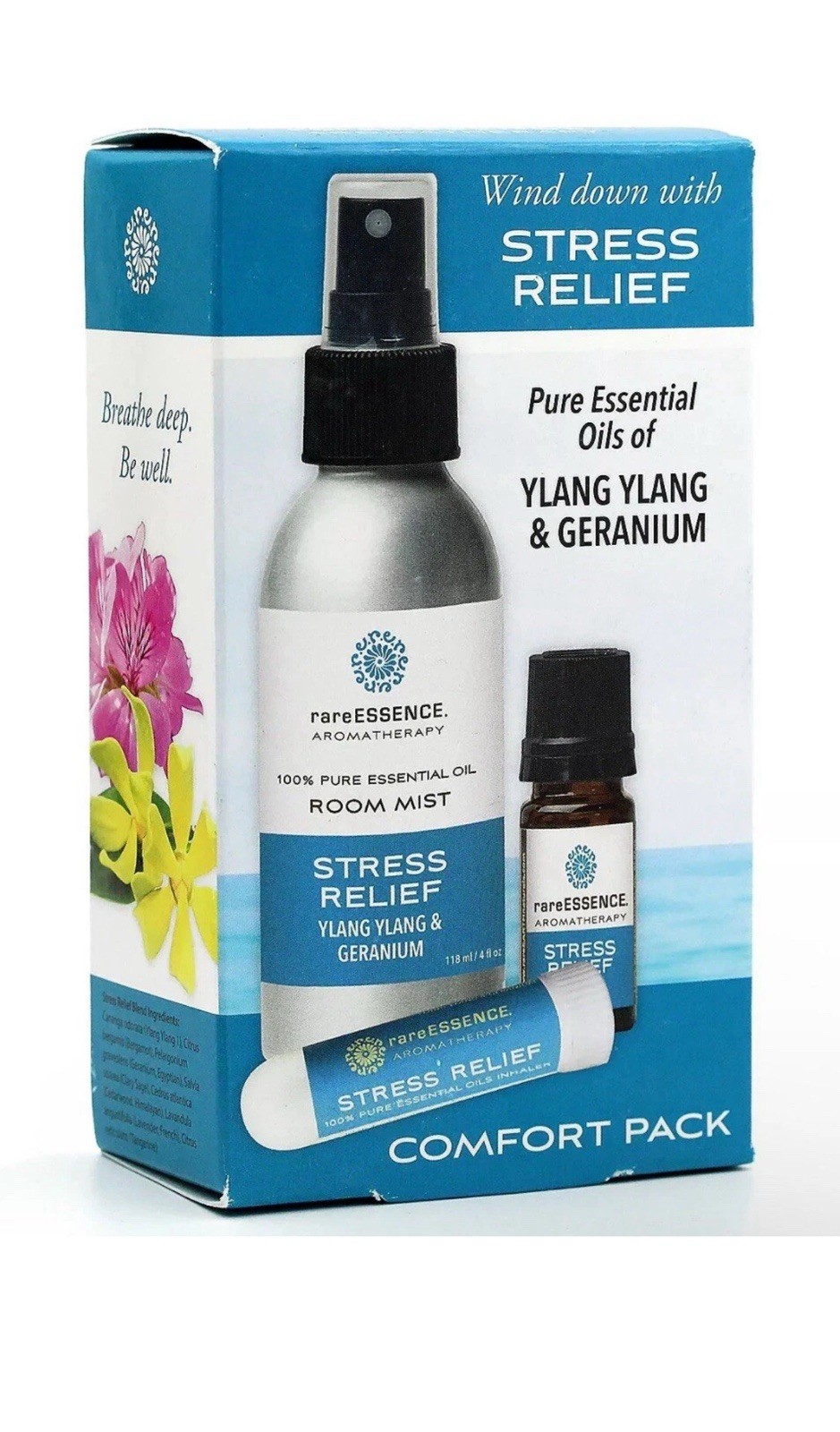 rareEssence Stress Relief Comfort Pack Room Mist, Essential Oil, Inhaler Trio