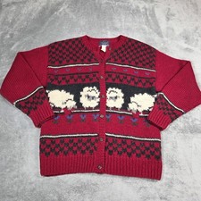 Vintage Woolrich Cardigan Womens Large Red Wool Sheep Print Granny Cottage 90s