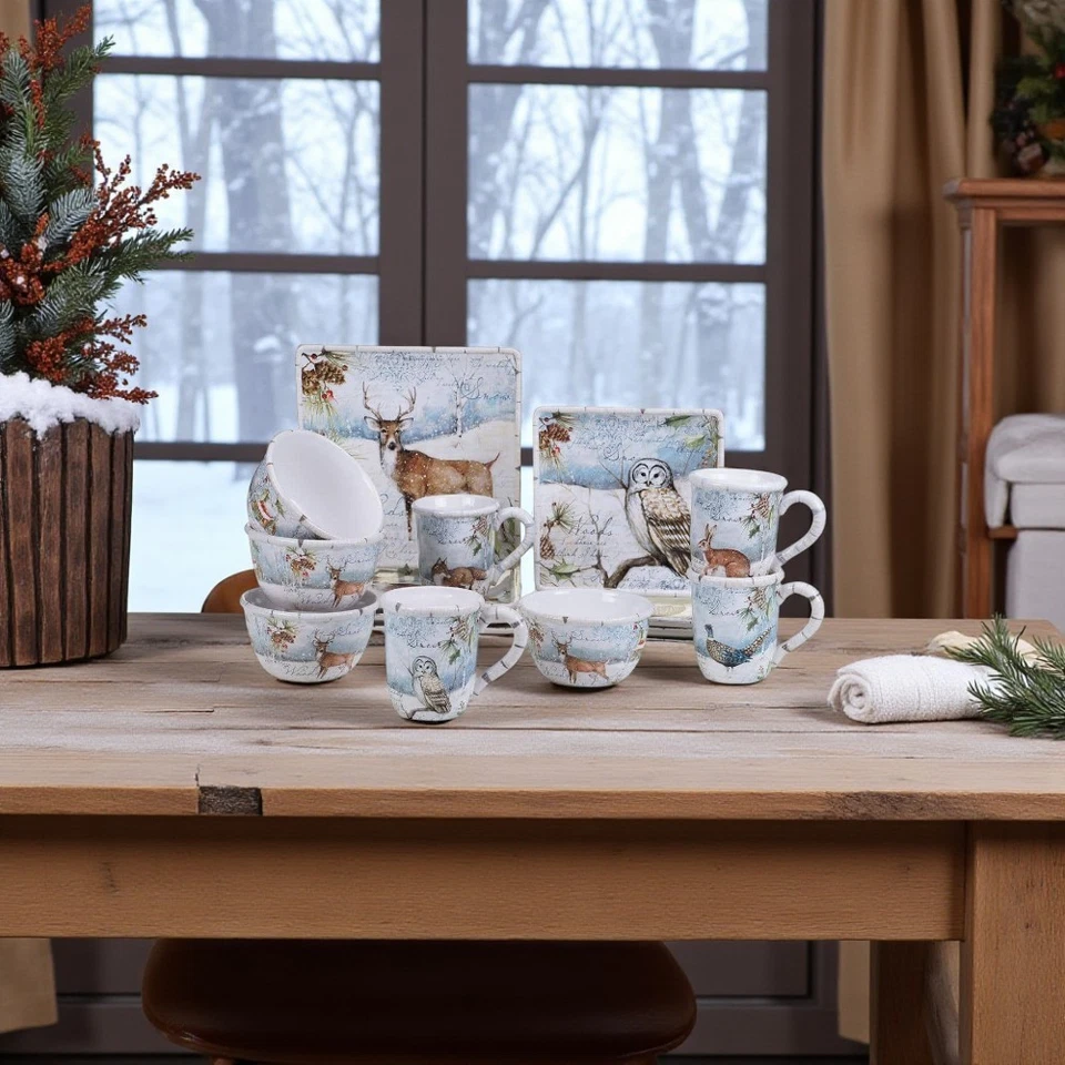 Juego de vajilla - Cerámica navideña nevada de invierno - 16 piezas - (servicio para 4) Foto 3 de 3