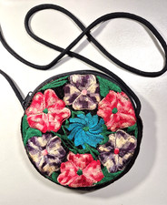 Embroidered Round Crossbody Floral Bag Black Velour Circle Vintage Grannycore