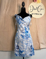 Cider Blue White Floral Satin Cowl Neck Strappy Mini Dress Zip Size S