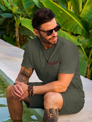 Men's Short Sets 2 Piece Summer Outfits Casual Short Sleeve Crew Neck Pockets... - Picture 5 of 6