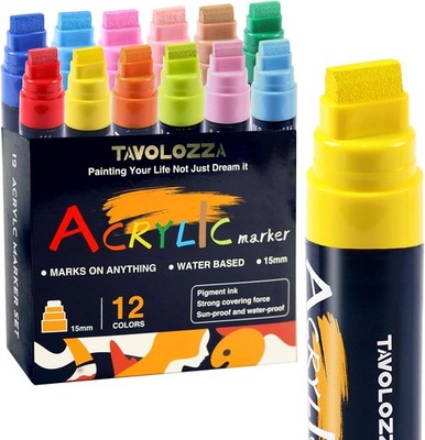 12 Vibrant Colors Jumbo Acrylic Paint Markers, 15MM Graffiti Markers, Waterpr...