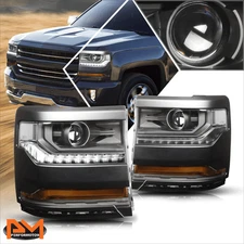 For 16-19 Chevy Silverado 1500 LED Strip Projector Headlight/Lamp Black/Clear