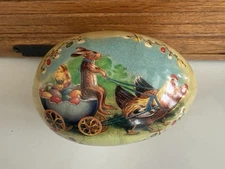 Vintage LARGE GERMAN PAPER EASTER EGG 7" Erzgebirge Rabbit Cart Mache Germany