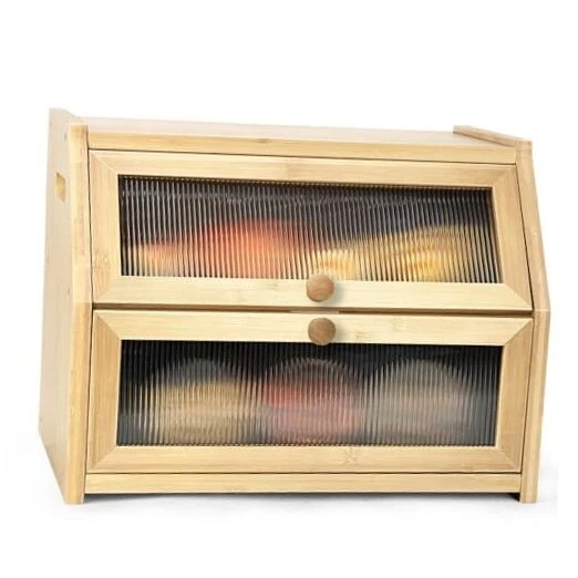 Large Bread Box for Kitchen Countertop, Wooden Bread Bin with Natural Wood