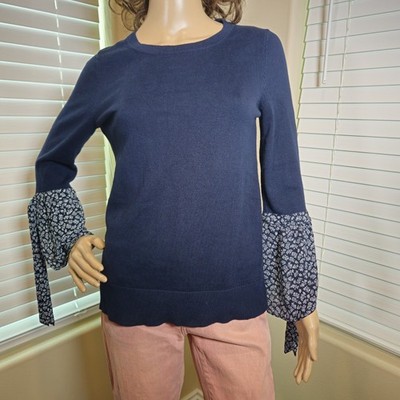 LOFT Blouse/Sweater Women's Sz Small Floral-Print Flutter Sleeves with Tie-Cuffs