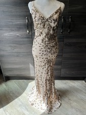 Quiz Long Size 12 Beige Gold Sequin Fitted Stretchy Lined Bridesmaid/prom Dress