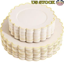 Ivory Gold Disposable Plates 60pcs Heavy Duty Plastic Dinnerware Parties New