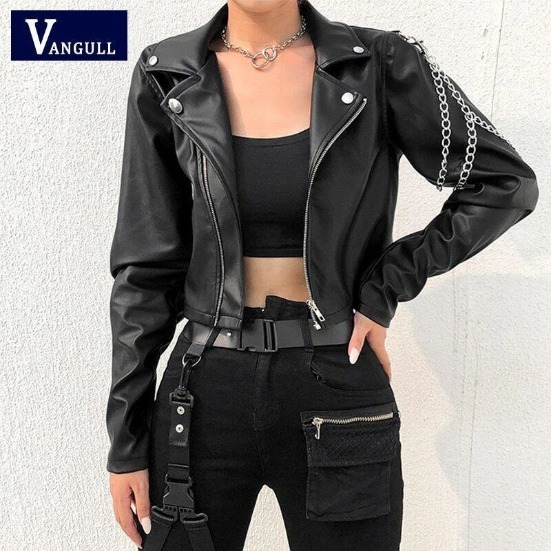 Banquete Pila de rueda Chaqueta Corta De Cuero Pu Para Mujer Abrigo Con Cadenas De Metal Moda Punk  Lujo | eBay