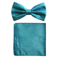 New formal Men's polyester pre-tied bow tie hankie paisley turquoise blue prom