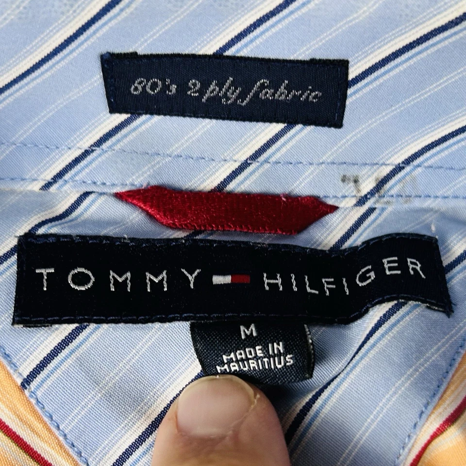 Tommy Hilfiger 中号 80 年代 2 层棉质衬衫橙色条纹短袖 — 第 3/4 张图片