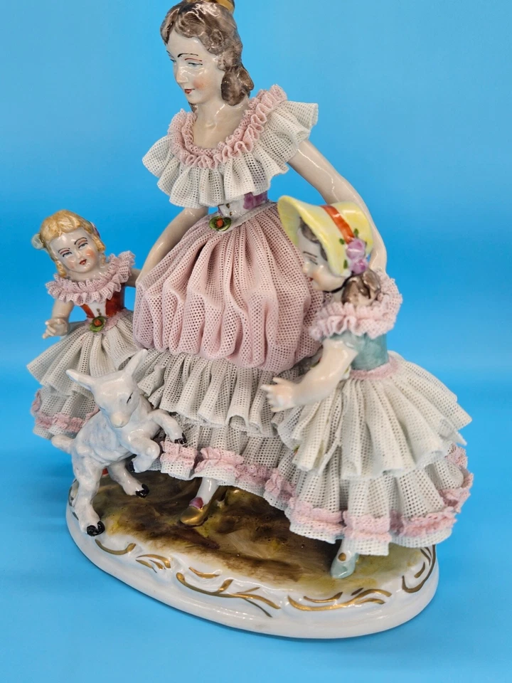 Antique Willi Rittirsch German Dresden Porcelain Lace Figural Group w/ Goat Kids - Image 3 of 4