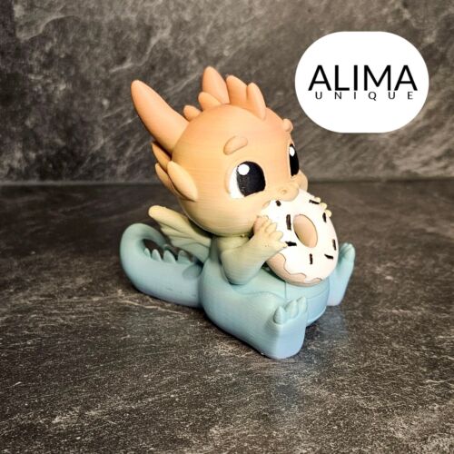 Baby Drache beim Donut essen Flexi Farb 3D Druck  Figur Fan Art Sammeln Geschenk - Bild 1 von 38