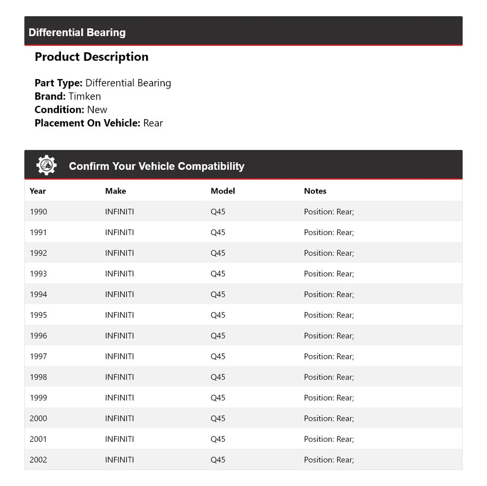 Para 1990-2002 INFINITI Q45 Rolamento Diferencial Traseiro Timken 1991 1992 1993 1994 - Imagem 2 de 4