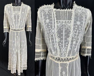 Vintage Edwardian Ivory Cream Tambour Embroidery Net Lace Trim Wedding Dress  | eBay