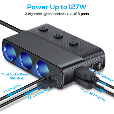 triple cigarette lighter adapter 3 Way Car Cigarette Lighter Socket Splitter USB C Fast Charger Power  Adapter 12V