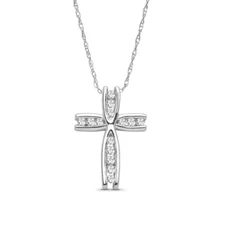 10K White Gold Lab Grown Diamond Cross Pendant Necklace 18" Silver Chain