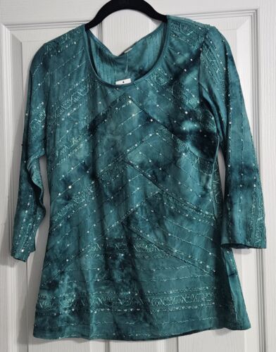 NWT Long Sleeve Green Blouse. Size M, Sparkly Gems, Fabric Pattern, Dress Barn