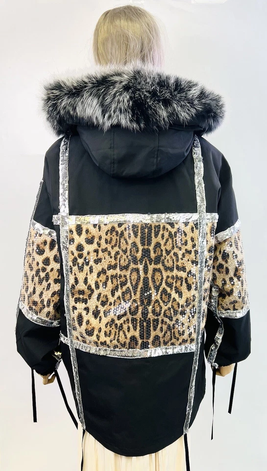 Parka de lentejuelas aislante de piel de zorro genuina extraíble para mujer S/M Foto 3 de 4