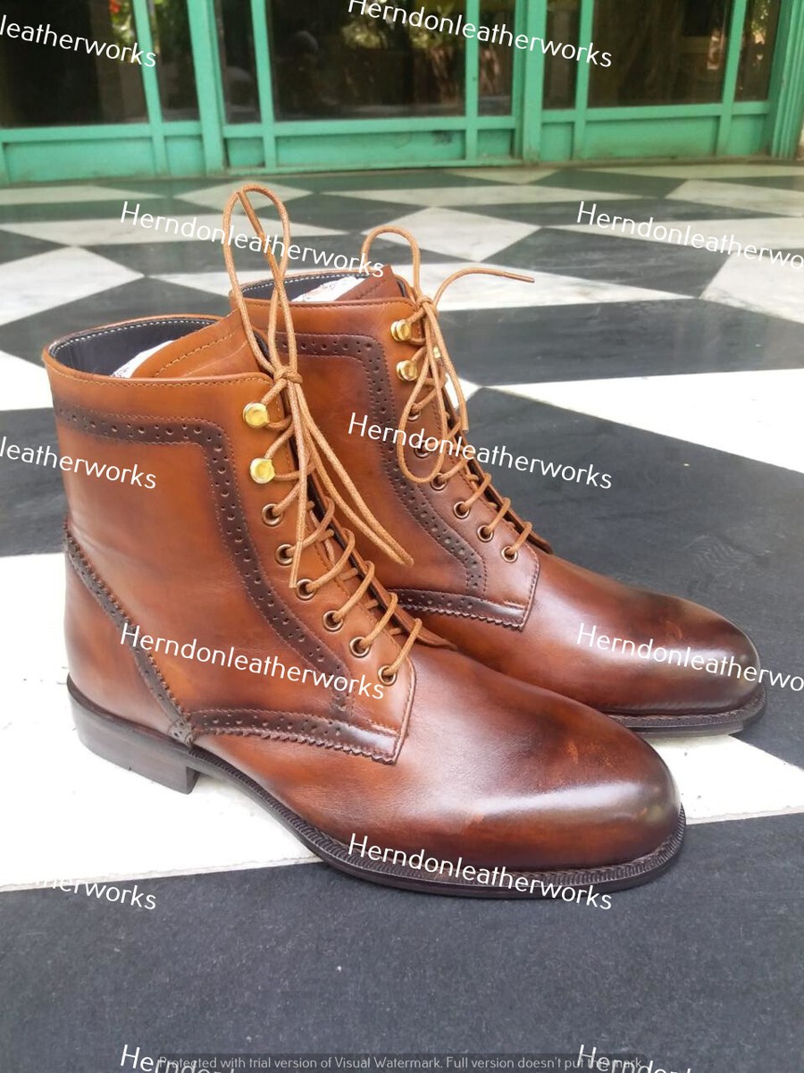 Men Bespoke Handmade Dress Boots Rustic Brown Leather Lace Up Winter Ankle  Boots