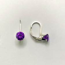 6 mm Round Purple Cubic Zirconia Sterling Silver Leverback Drop Dangle Earrings