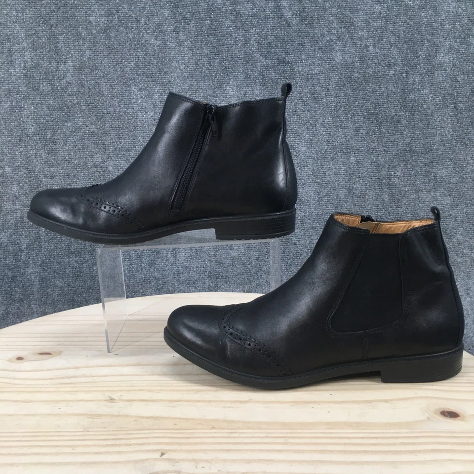 Hotter Boots Womens 7 Chelsea Booties Black Leather Almond Toe Side Zip Heels - Image 2 of 4